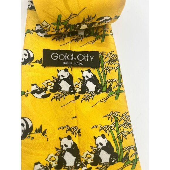 GOLD‎ CITY PANDA BEAR BAMBOO TREE YELLOW SILK NECKTIE TIE - Picture 4 of 5